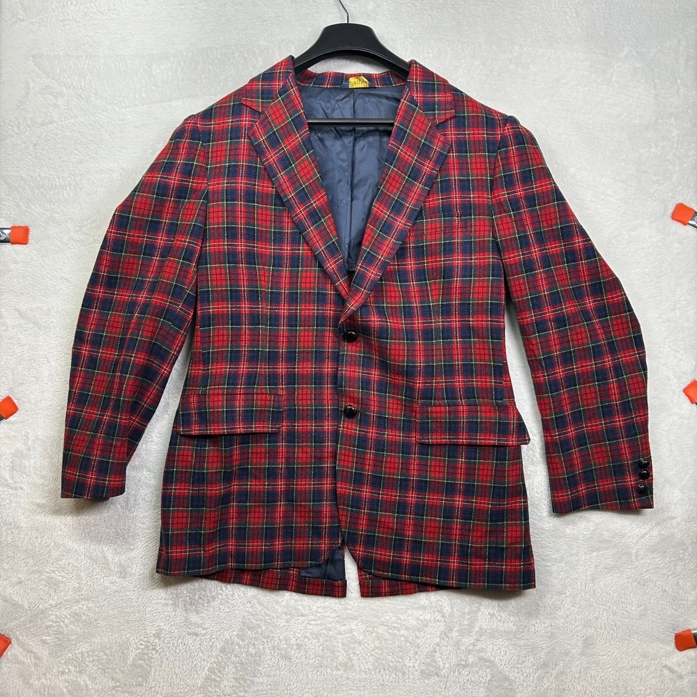 VTG Pendleton Wool Blazer Men's Red Blue Tartan Plaid 2 Button Jacket USA Made